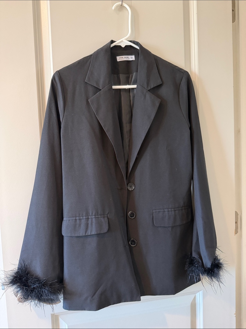 12th Tribe Black Blazer with Feather Trim Cuffs